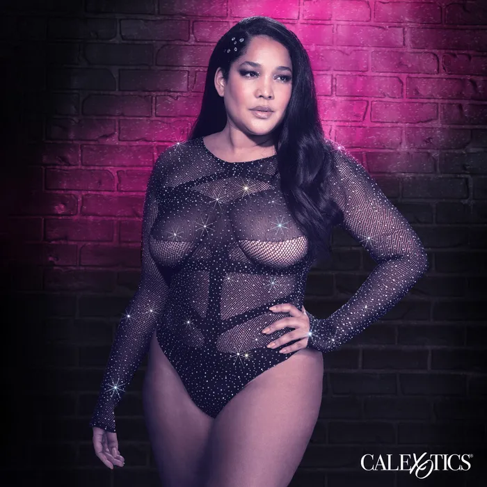 Teddies And Bodies CalExotics Radiance LONG SLEEVE BODYSUIT Black with Sparkling Rhinestones Plus Size Fits Up To 3X Teddies And Bodies CalExotics Radiance LONG SLEEVE BODYSUIT Black with Sparkling Rhinestones Plus Size Fits Up To 3X