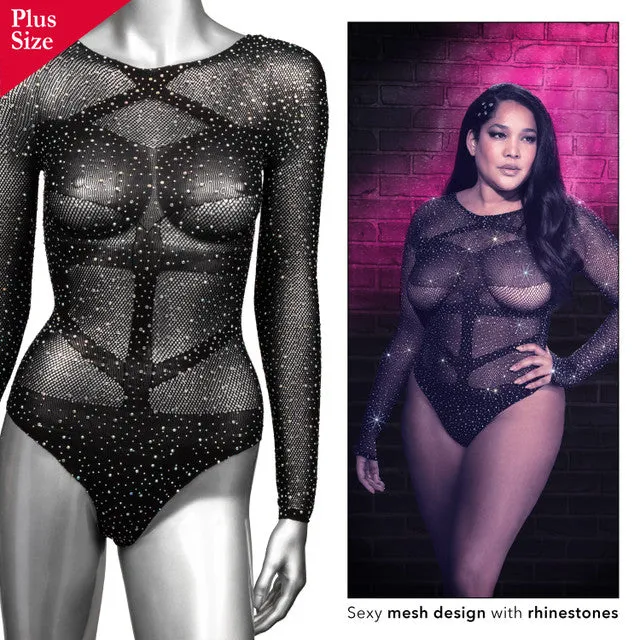 Teddies And Bodies CalExotics Radiance LONG SLEEVE BODYSUIT Black with Sparkling Rhinestones Plus Size Fits Up To 3X