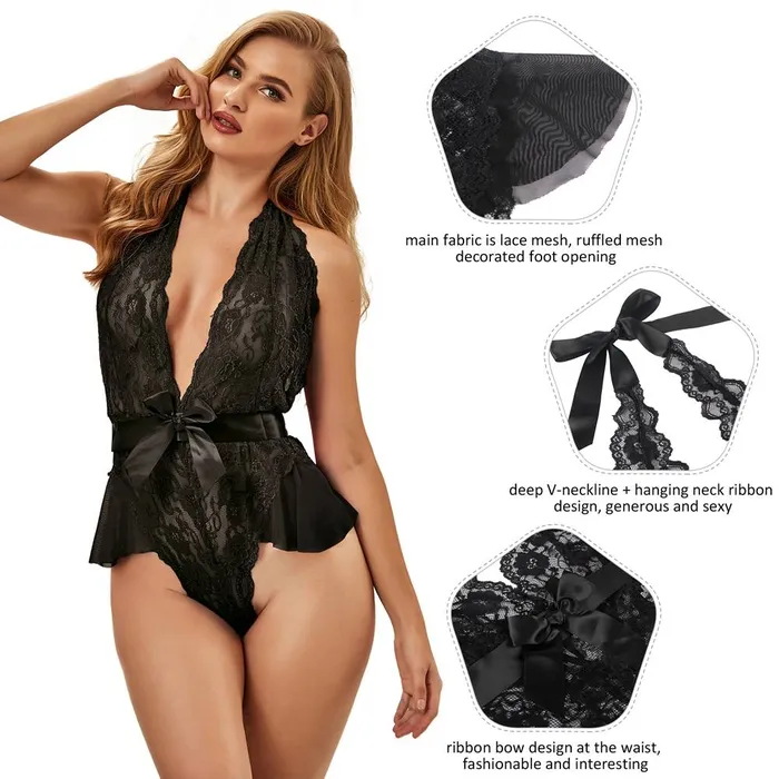FRISKY BUSINESS SG Female Sex Toys Teddy 1 Pc Halter V Neckline Teddy with Ribbon Belt