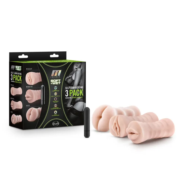 M for Men 3Pack SelfLubricating Vibrating Stroker Sleeve Kit Vanilla Blush Male Sex Toys M for Men 3Pack SelfLubricating Vibrating Stroker Sleeve Kit Vanilla Blush Male Sex Toys